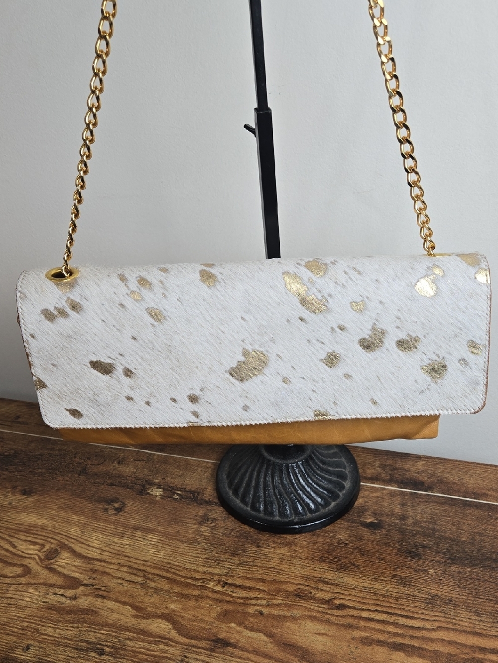Glenda Gies Two-Tone Hair And Gold Leather Chain-Shoulder Clutch Bag Euro Boho